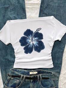 Attitoon 女士休闲腰部仿贴花印花褶皱露肩紧身短袖白色 T 恤，适合夏季 - 白色 - 查看 6