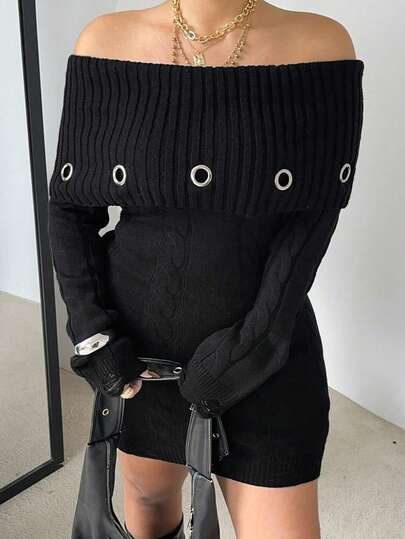 Flirla 大码女式翻领露肩金属索环下摆做旧休闲可爱深色毛衣裙，秋冬