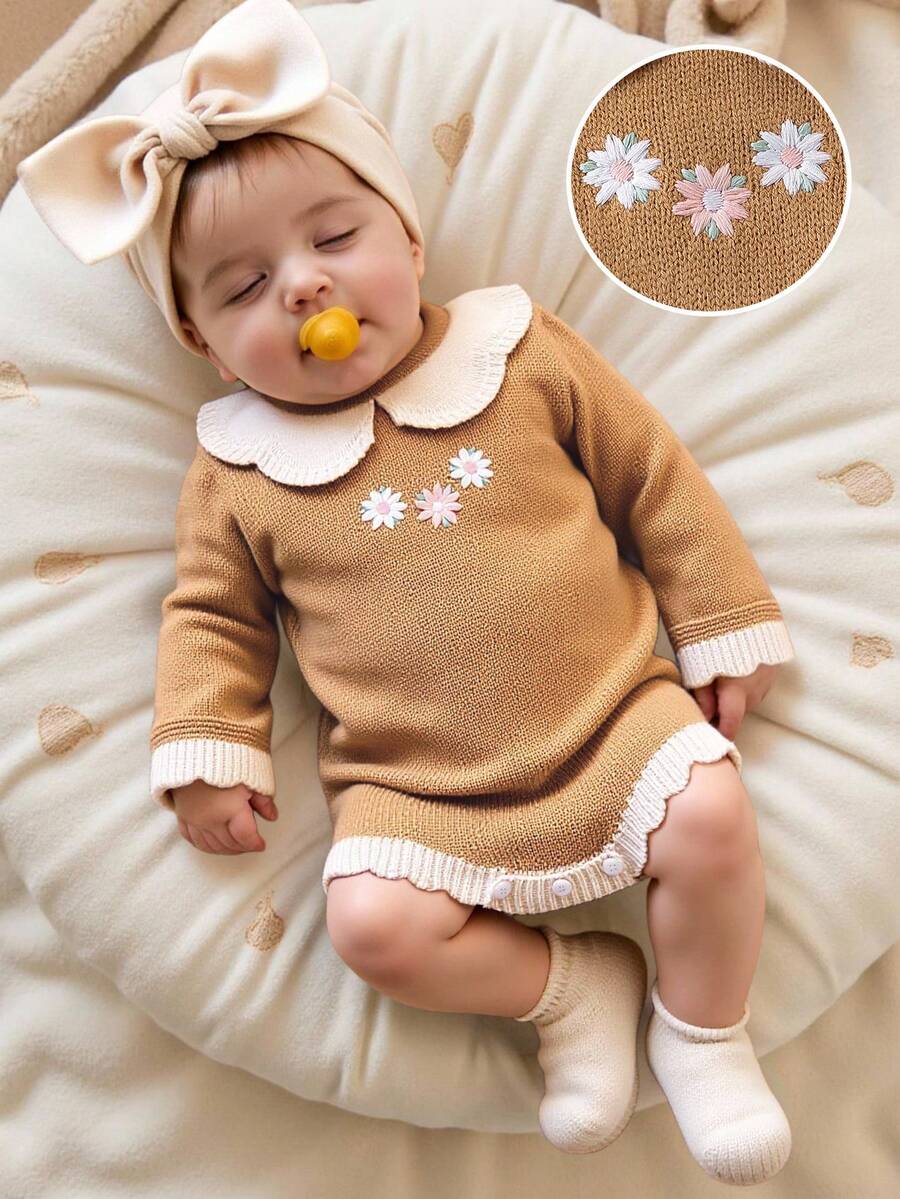 SHEIN 女婴荷叶边领针织长袖连体衣，秋冬舒适，百搭驼色/卡其色，刺绣蜜蜂图案，可爱优雅，适合日常穿着、居家、外出、旅行和日托 - 卡其色 - 查看 1