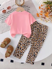 Elladie kids Conjunto de camiseta y pantalones casuales para niñas bebé, con parte superior de manga corta con cuello redondo y estampado de lazos en blanco, y pantalones casuales con estampado de leopardo, para primavera/verano