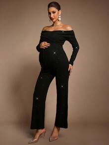 MaterniChic Pregnant Women's Elegant Black Glitter Off Shoulder Long Sleeve Jumpsuit For Autumn,Formal Evening Party & Baby Shower Maternity Jumpsuits - Black - View 8
