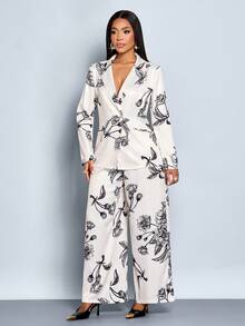 SOLERSUN Women's Elegant Floral Print Single-Button Blazer And Pants Suit Set, Autumn - Apricot - View 4