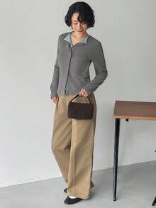 FRIFUL 女士撞色长袖二合一翻领纽扣罗纹纹理面料修身休闲百搭T恤，秋冬款 - 灰色 - 查看 2