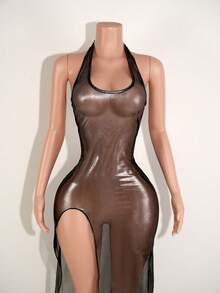 BamGleam 女式性感网眼侧开衩下摆露背透视连衣裙 - 黑色 - 查看 4