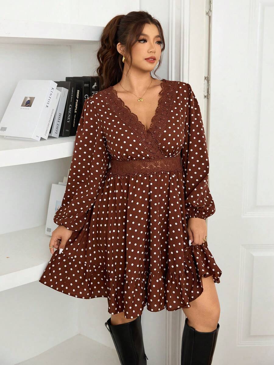 Lounesse Plus Size Elegant Commuter Polka Dot & Lace Patchwork Dress Romantic - Multicolor - View 1