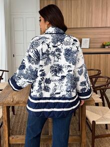 Weeklong Plus Size Women's Colorful Placement Print Contrast Trim Open Front Loose Padded Coat, Autumn/Winter - Multicolor - View 2