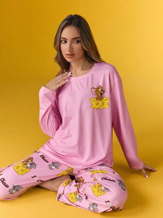 TOM & JERRY X SHEIN Women's Comfortable Cartoon Pattern Long Sleeve Top And Pants Pajama Set, Autumn