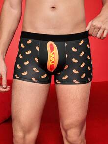 Notgurli Men's Funny Cartoon Sausage & Hot Dog Print Colorblock Casual Comfortable Boxer Briefs - Black - View 4