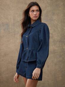 WESTFADE 前开襟纽扣长泡泡袖荷叶边棉混纺牛仔上衣 乡村西部风情，秋季牛仔女郎纳什维尔音乐会，秋季，冬季 - 深色水洗藍 - 查看 5