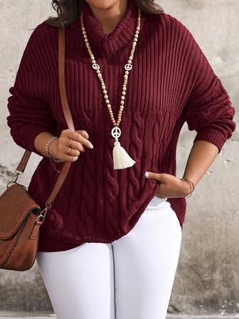 SHEIN LUNE Plus Size Women High Neck Drop Shoulder Long Sleeve Casual Pullover Sweater, Autumn/Winter