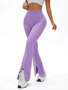 Dewbera 女式高腰喇叭腿开衩休闲健身瑜伽裤 - 紫色 - 查看 5