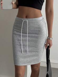 DAZY Váy quấn dài đến đầu gối buộc dây mùa hè dành cho nữ, váy chữ A gợi cảm và thanh lịch - Màu Xám nhạt - Xem 6