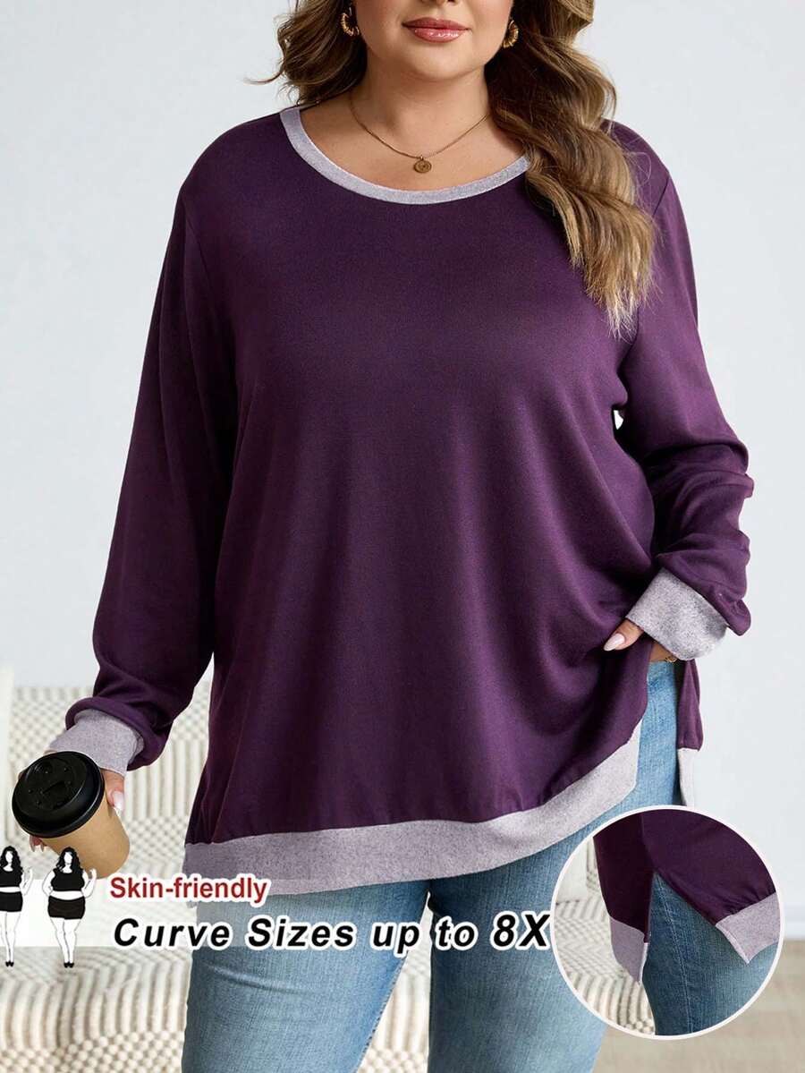 SHEIN CURVE+ Plus Size Casual Colorblock Patchwork Side Slit Sweatshirt, Autumn Holiday/Winter Fall - Burgundy - View 1