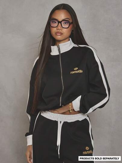 MUSERA High Neck Contrast Zip Through Slogan Graphic Tracksuit Top Cool Girl, Streetstyle, Everyday, Autumn, Winter, Varsity, 1997