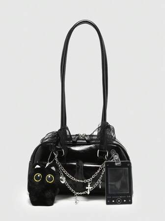 Kawaii Sac à bandoulière vintage et mignon pour femmes avec nœud papillon, décoration de cerises et de cœurs. Sac Boston à plusieurs poches, convient pour l'école, la rue et le style japonais pour femmes