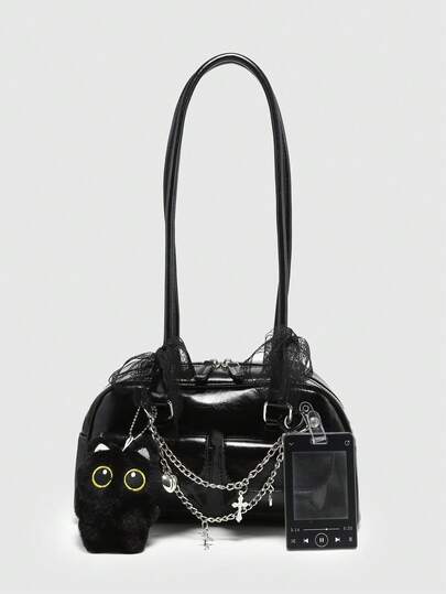 Kawaii Sac à bandoulière vintage et mignon pour femmes avec nœud papillon, décoration de cerises et de cœurs. Sac Boston à plusieurs poches, convient pour l'école, la rue et le style japonais pour femmes