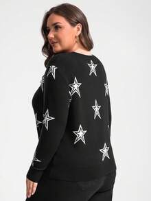 INAWLY Blusa de malha plus size feminina com logotipo Five Star, preta e branca - Preto e Branco - Ver 2