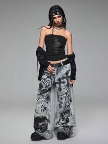 Grunge Punk 深色朋克十字架骷髅天使蜘蛛标语全印花女式阔腿牛仔裤 - 藍色 - 查看 7