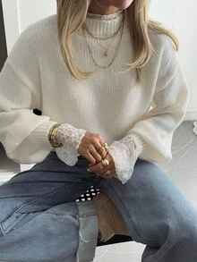 DAZY Suéter de manga larga minimalista y casual de unicolor para adolescentes