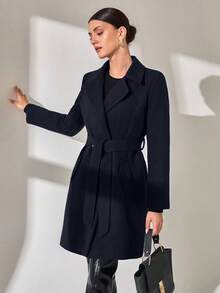 CLARA VERO Women Button And Belt Detailed Over Coat - Navy Blue - View 3