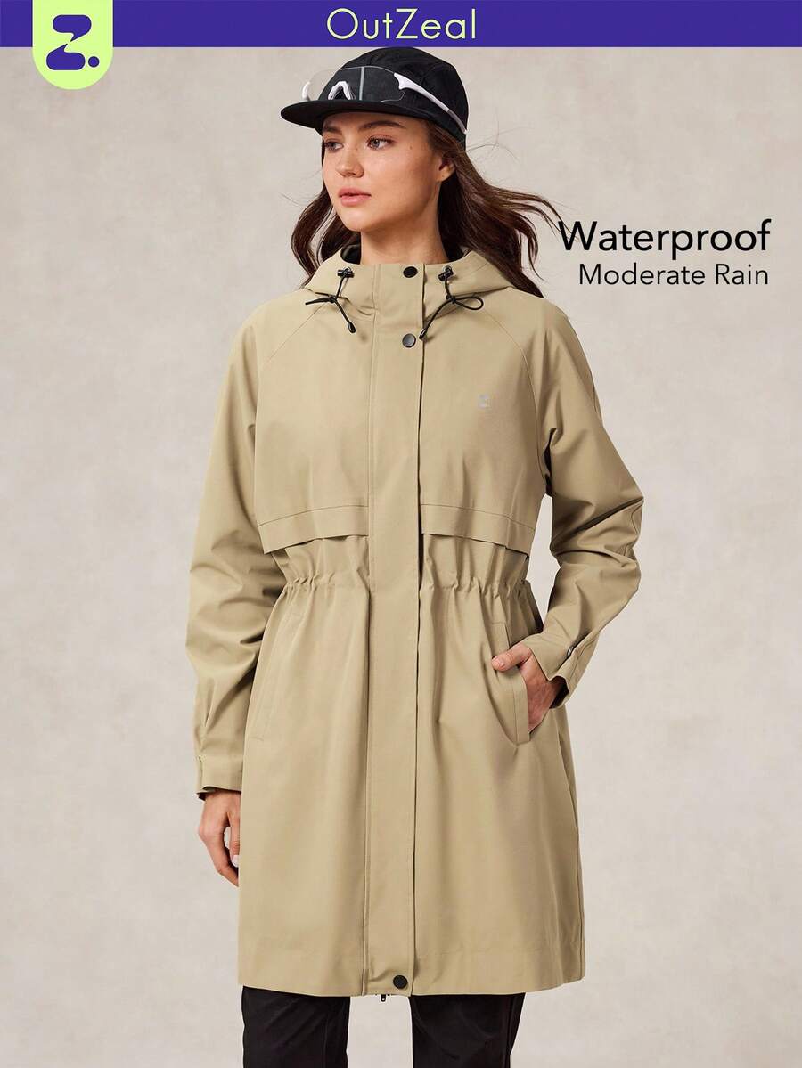 OutZeal 女式纯色简约日常长款风衣，背部交叉设计 - 卡其色 - 查看 1