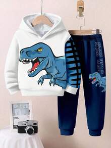 SHEIN Conjunto de moletom com capuz estampado de animais, dinossauros, paisagens, grafite, 3D, para meninos, confortável e adequado para outono/inverno - Multicolorido - Ver 3