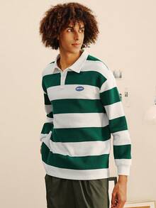 Open Phase Men Striped Collared Button Front Long Sleeve Fashion Sweatshirt Spring To Summer - Green - View 5