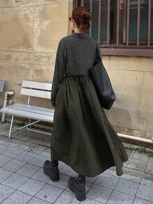 FRIFUL Damen Metall Knopf Dekor Patchwork Loose Saum Dickes Langes Kleid, Herbst/Winter