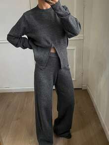 Livesso 女士宽松商务休闲时尚优雅高开叉套头针织衫和阔腿针织裤两件套，秋冬 - 深灰色 - 查看 3