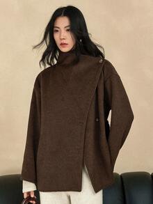 Dazy-Less 女士优雅时尚厚款短款棕色羊毛混纺休闲商务外套，秋冬 - 棕色 - 查看 5