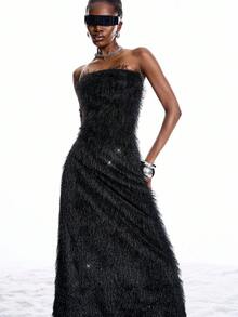 LYSMO Vestido de fiesta de mujer con volantes largos y bandeau - Negro - Ver 3