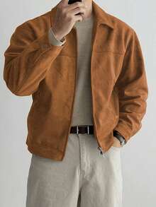 DAZY 男式纯棕色绒面羊毛夹克和外套，秋冬 - 棕色 - 查看 5