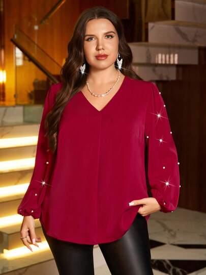 Miaspire Plus Size Women's Solid Color V-Neck Faux Pearl Decor Lantern Sleeve Elegant Blouse Red Top Christmas New Year Elegant Blouses For Women Autumn Winter Cozy Fall And Winter