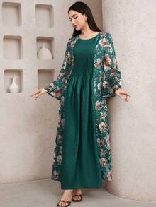 Al Najma 女式印花纯色拼布圆领长袖连衣裙 - 墨綠色 - 查看 1