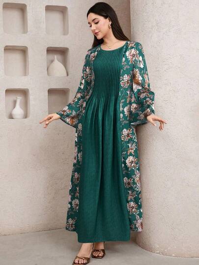 Al Najma 女式印花纯色拼布圆领长袖连衣裙