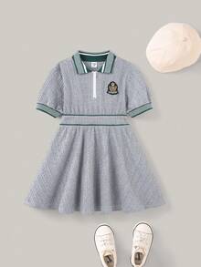 SHEIN 1pc Young Girls Elegant Princess Sage Green Summer School Style Grey Ribbed Knit Polo Dress,Back-To-School Birthday Short Sleeve Grey Striped Dress - Grey - View 1