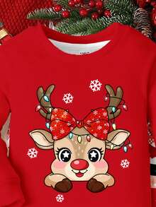 SHEIN Bộ đồ ngủ tay dài mềm mại ấm áp, họa tiết bông tuyết, hình ông già Noel, nơ dễ thương, tuần lộc, người tuyết, bánh gừng hoạt hình, phù hợp mặc ở nhà mùa thu/đông, vừa vặn - Nhiều màu - Xem 4