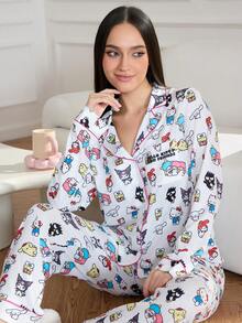 HELLO KITTY AND FRIENDS | SHEIN Cartoon Pattern Front Button Long Sleeve Top And Long Pants Lounge Set, Winter Clothes - Multicolor - View 1
