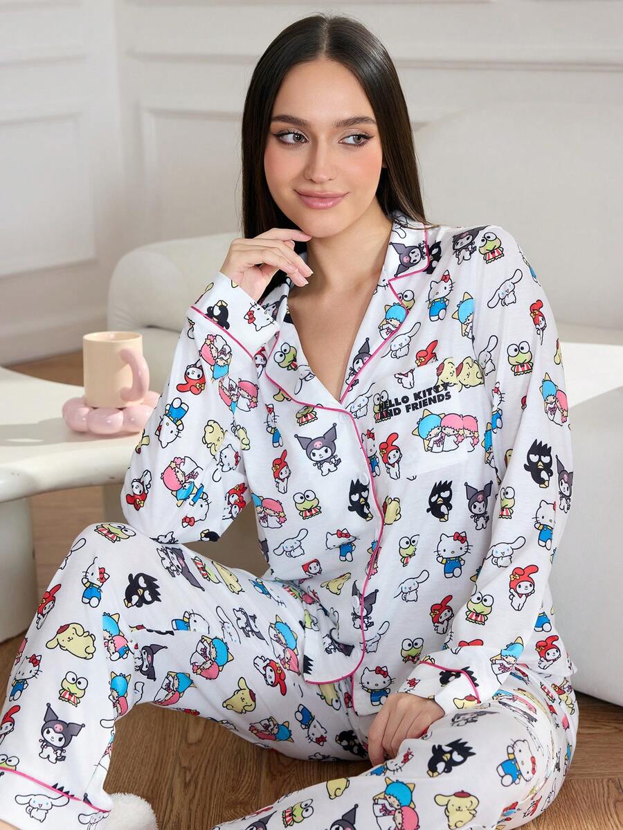 HELLO KITTY AND FRIENDS | SHEIN Cartoon Pattern Front Button Long Sleeve Top And Long Pants Lounge Set, Winter Clothes - Multicolor - View 1