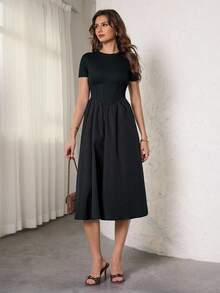 SHEIN Tall Casual Black Solid Color Fishbone Tape Decor Short Sleeve Mid-Length Dress, Tall Version Extended Length