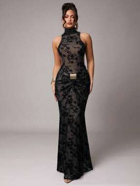 Silquee Abito trasparente nero con fiori floccati e schiena scoperta, elegante e sexy, adatto per autunno/inverno, San Valentino, Natale, appuntamenti, feste, matrimoni, occasioni formali