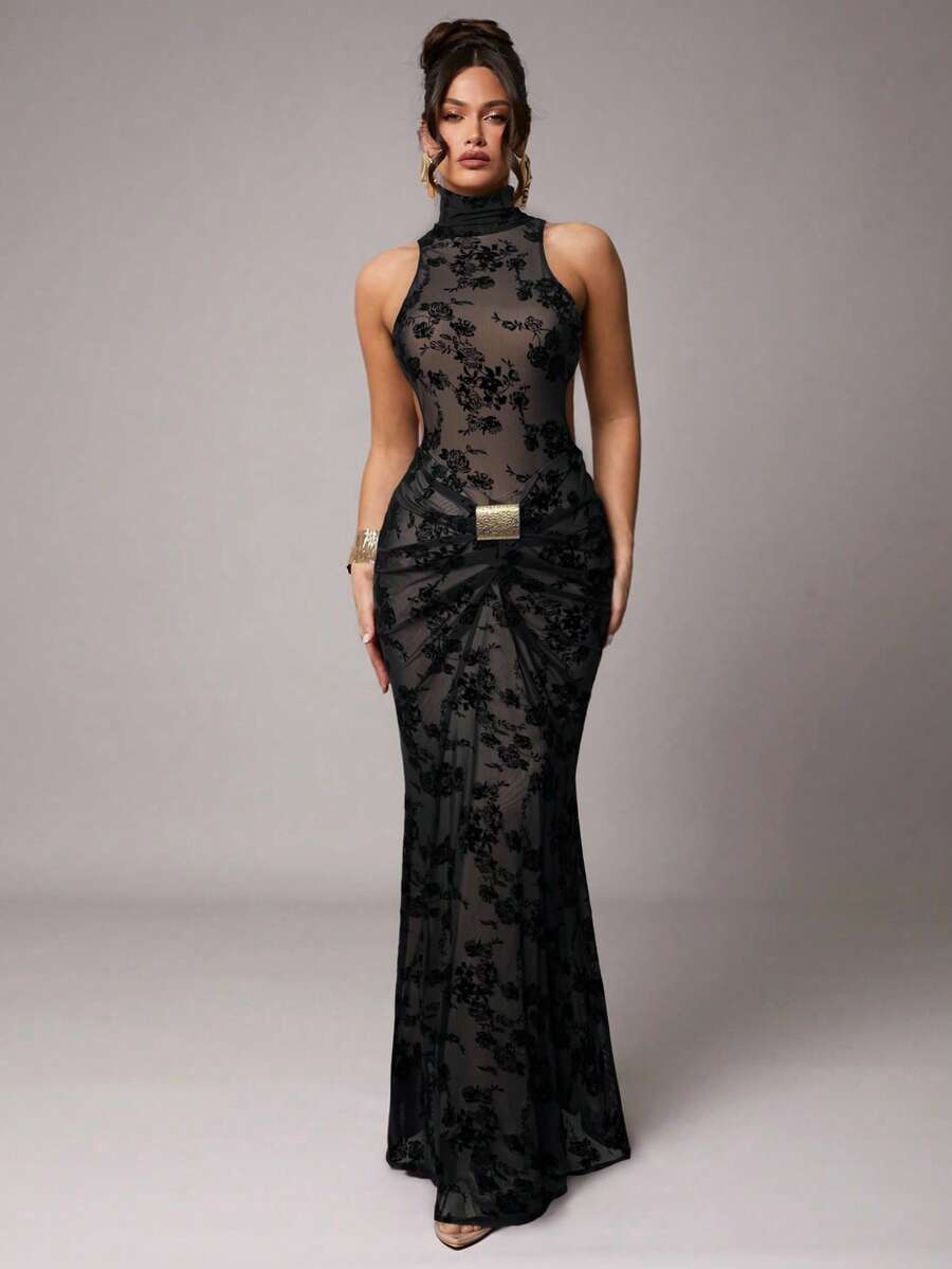 Silquee 黑色植绒花卉透视露背连衣裙，优雅性感，适合秋冬季、情人节、圣诞节、约会、派对、婚礼、正式场合 - 黑色 - 查看 1