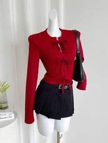 SHEIN LUNE Autumn/Winter New Stylish Unique Slimming Lace-Up Textured Knit T-Shirt - Red - View 4