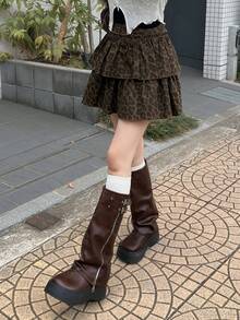 FRIFUL 女式豹纹双层牛仔迷你裙 - 棕色 - 查看 6