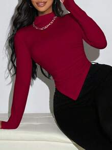 BamGleam Women Solid Color Collared Long Sleeve Fitted Asymmetrical Hem T-Shirt Fall Cloth For Women - Burgundy - View 6