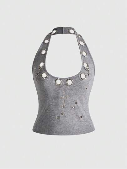 ROMWE Avant Camiseta de tirantes gris con cuello halter y decoración de remaches en forma de cruz para mujer