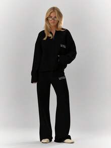 MUSERA Oversized Rib Knit Embroidered Detail Wide Leg Trousers Bottom Only Cosy Cute Casual Coffee Club Spring - Black - View 5