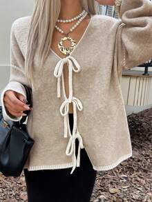 Livesso Women's Autumn Tie-Front Loose V-Neck Cardigan - Beige - View 4