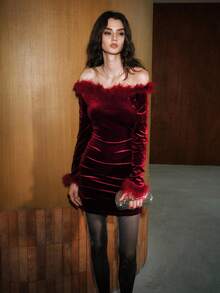 Airlisse Fashionable & Elegant Off Shoulder Fringed Dress, Suitable For Party, Christmas Velvet Dress Dark Red Dress Red Wine Dress Sexy Red Dress Women Off Shoulder Dress - Red - View 5