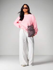 MISSGUIDED 超大针织毛衣圆领长袖套头衫冬季秋季休闲舒适 - 粉色 - 查看 3